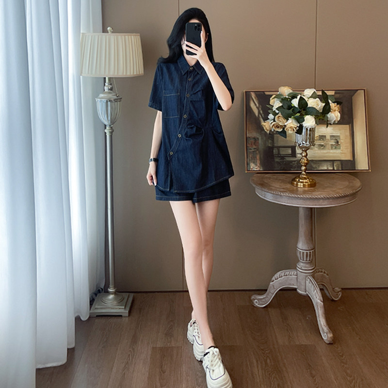 个性简约夏季新款套装女高级感时尚洋气蓝色短袖衬衫短裤两件套潮,女装套装/套裙,2C310