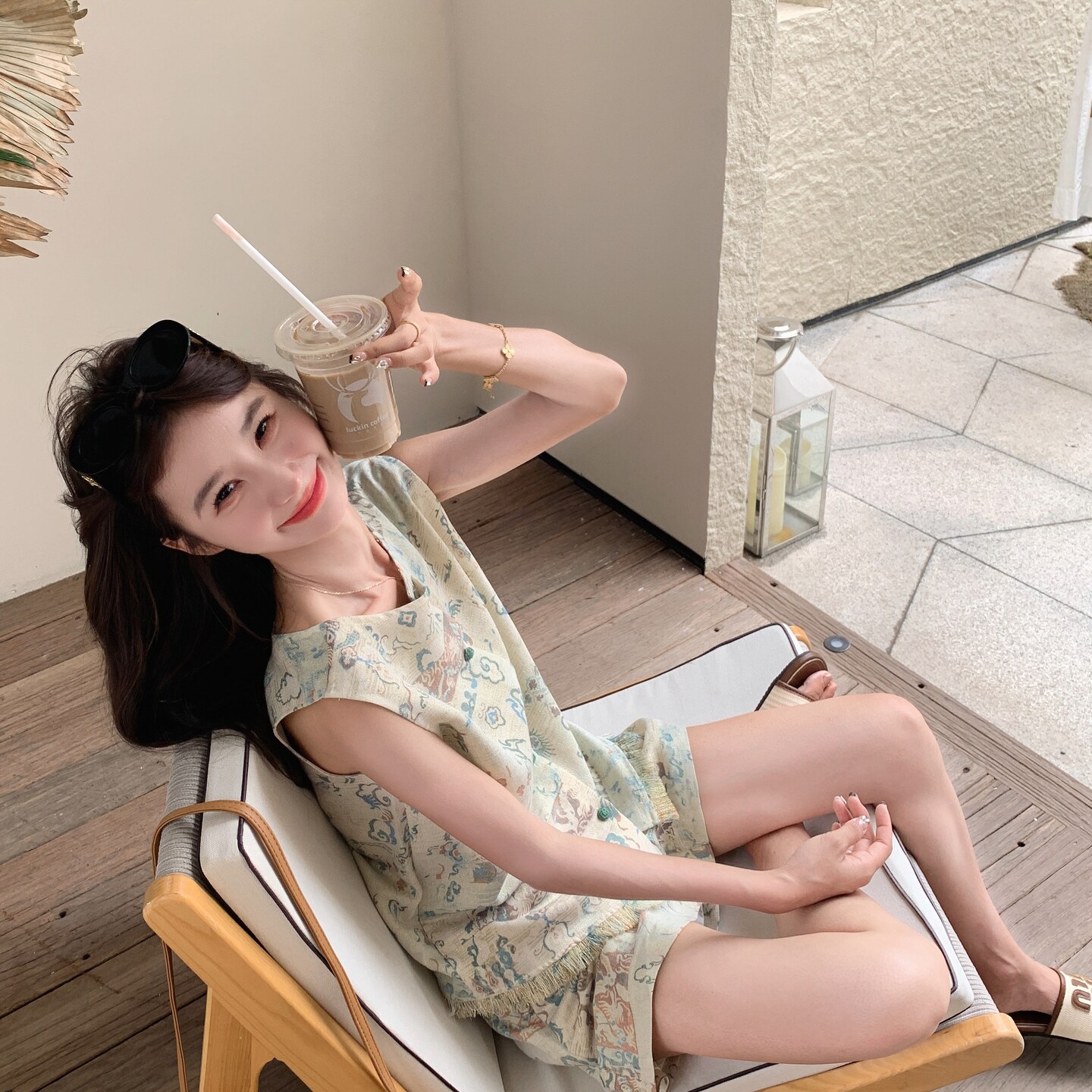 新中式风印花流苏马甲套装女2025夏季复古小个子阔腿短裤两件套,女装套装/套裙,2C166