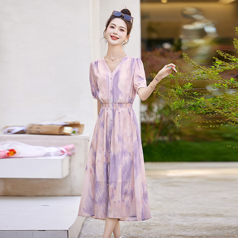 多巴胺彩色晕染连衣裙女2024夏季新款超好看收腰显瘦V领气质长裙,女装连衣裙,吾爱衣