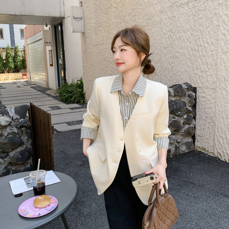 长袖常规款女衬衫袖拼接V领西装撞色时尚宽松气质小香风显瘦气质,女装西装,2C266