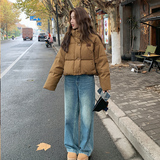独特超好看肌理感立领短款肯豆羽绒服女冬美拉德咖色条纹小众外套，女装羽绒服，2C280