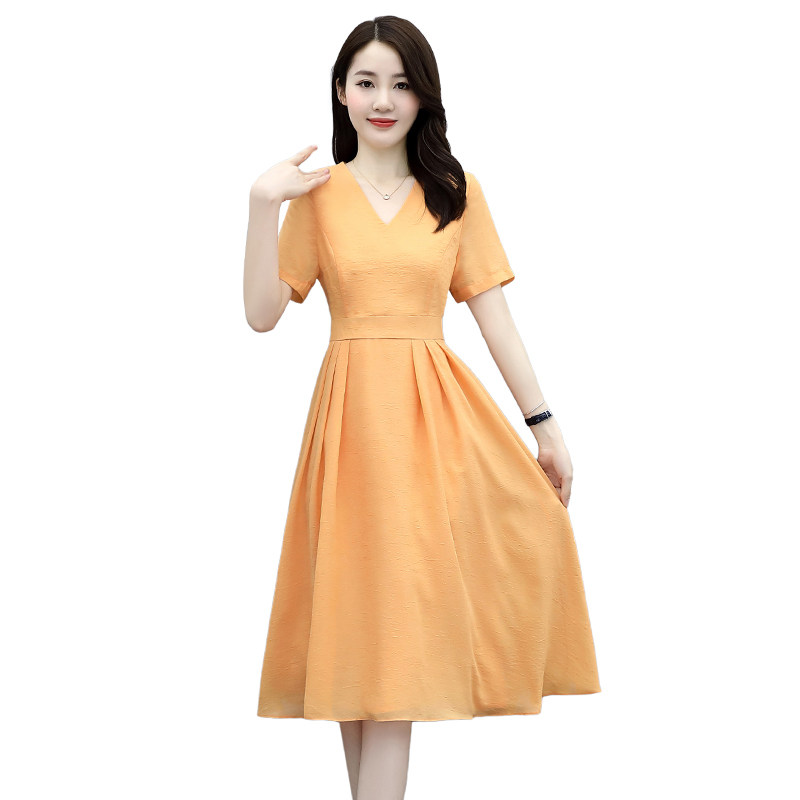 24夏纯色V领收腰显瘦时尚连衣裙,女装连衣裙,乐衣轩