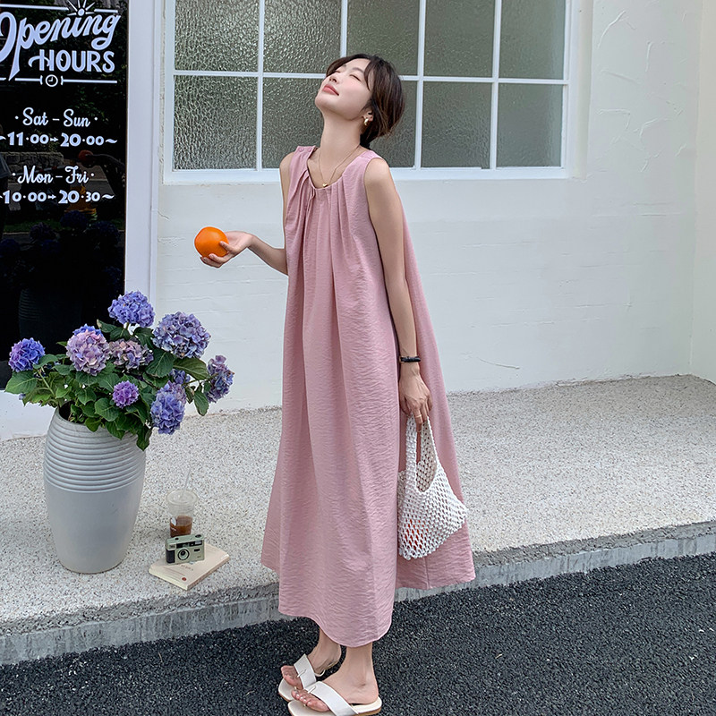 粉色褶皱无袖背心裙女中长款2024夏新款法式宽松甜美温柔风连衣裙图片