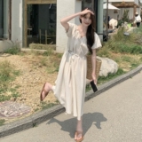 杏色波西米亚风连衣裙女2025夏季新款法式温柔绝美减龄显瘦长裙子，女装连衣裙，2C215