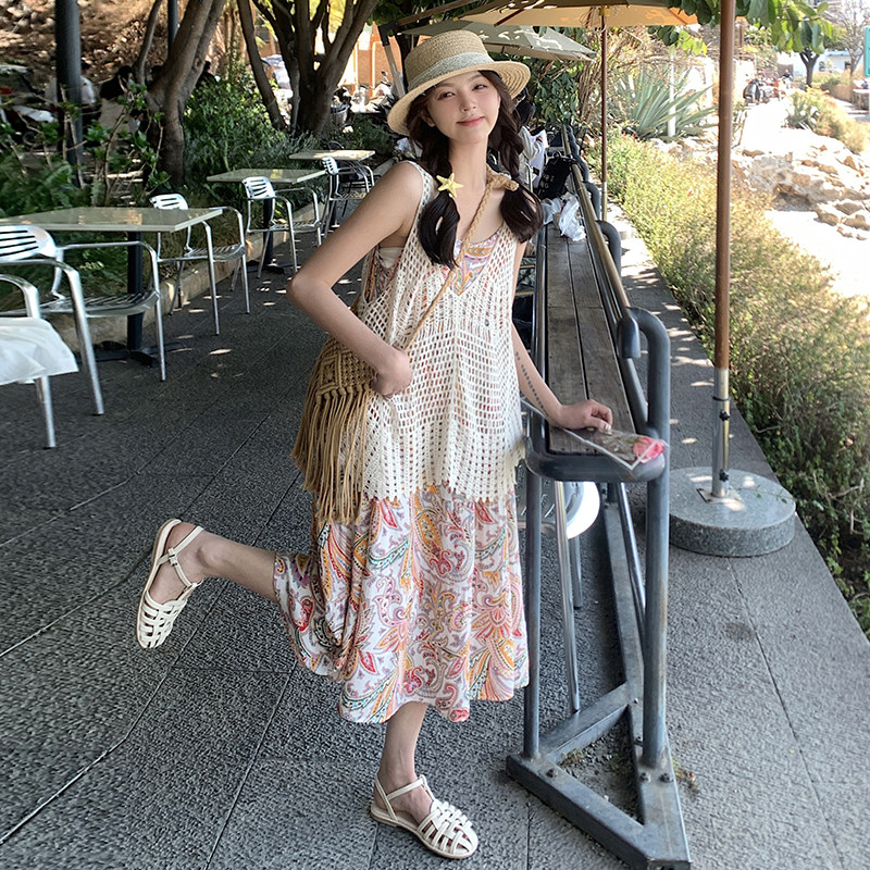 波西米亚风碎花连衣裙女2025夏季新款镂空罩衫背心叠穿长裙,女装连衣裙,2C177
