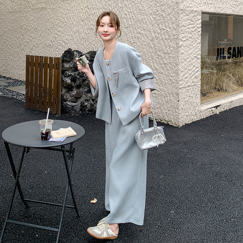 高级感小众浅蓝色西服套装女春秋季2025新款宽松显瘦阔腿裤两件套,女装套装/套裙,2C277