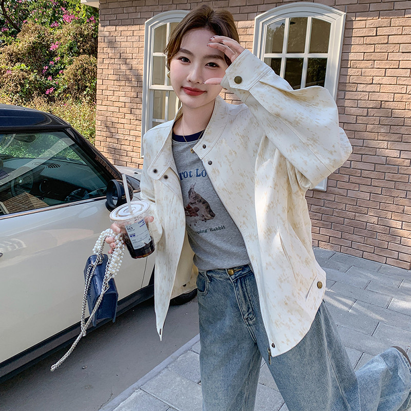 高级小众韩系chic米白色立领外套女春秋超火好看漂亮短款夹克上衣,女装短外套,2C139