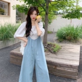 蕾丝花边牛仔背带裤T恤两件套女2025夏季新款宽松减龄阔腿裤套装，女装套装/套裙，2C327