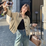 设计感撞色PU皮拼接翻领外套女2025年秋季新款韩版小个子短款夹克，女装短外套，2C012