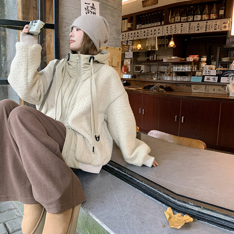 米色复古连帽颗粒绒外套女2025冬季韩系新款休闲加厚保暖毛茸棉服图片