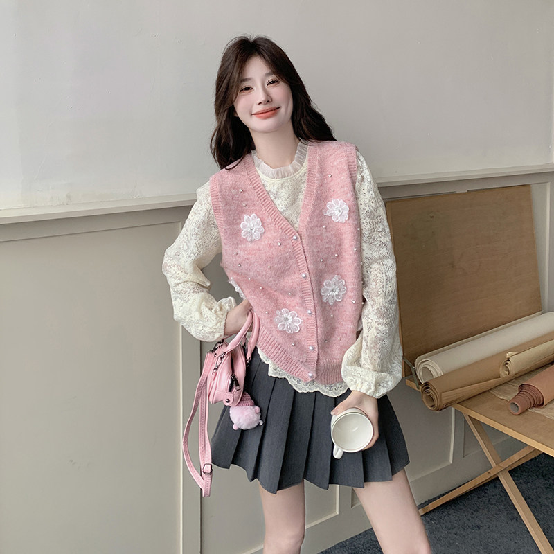 淑女气质穿搭套装女2025春新款粉色花朵针织马甲蕾丝打底衫两件套,女装套装/套裙,2C166