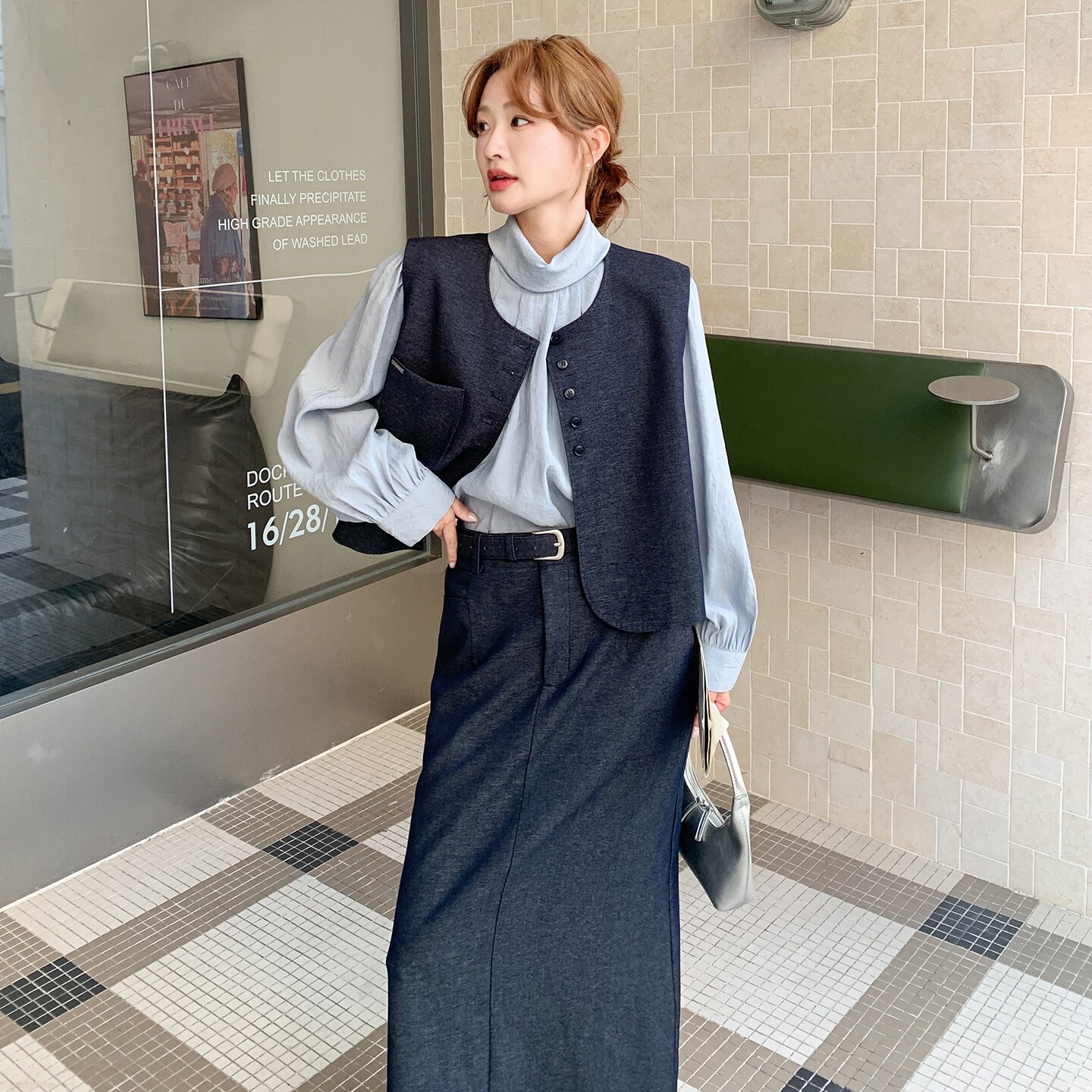 深蓝色马甲套装裙女2025秋季新款显瘦轻熟风长袖衬衫半身裙三件套,女装套装/套裙,2D035