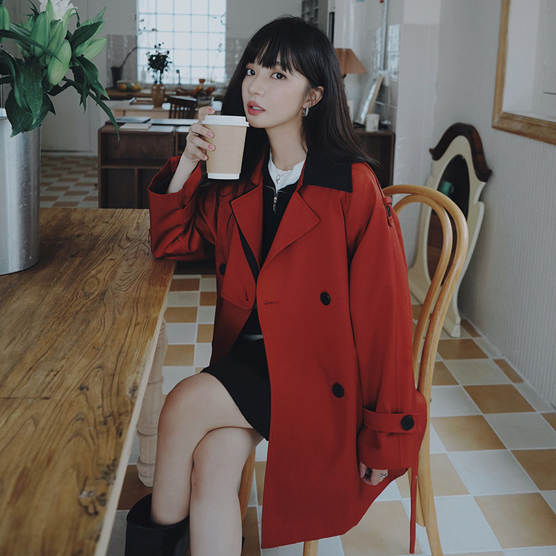 【25春装现货】红色中长款风衣外套2C032612P145K208,女装风衣,2C032