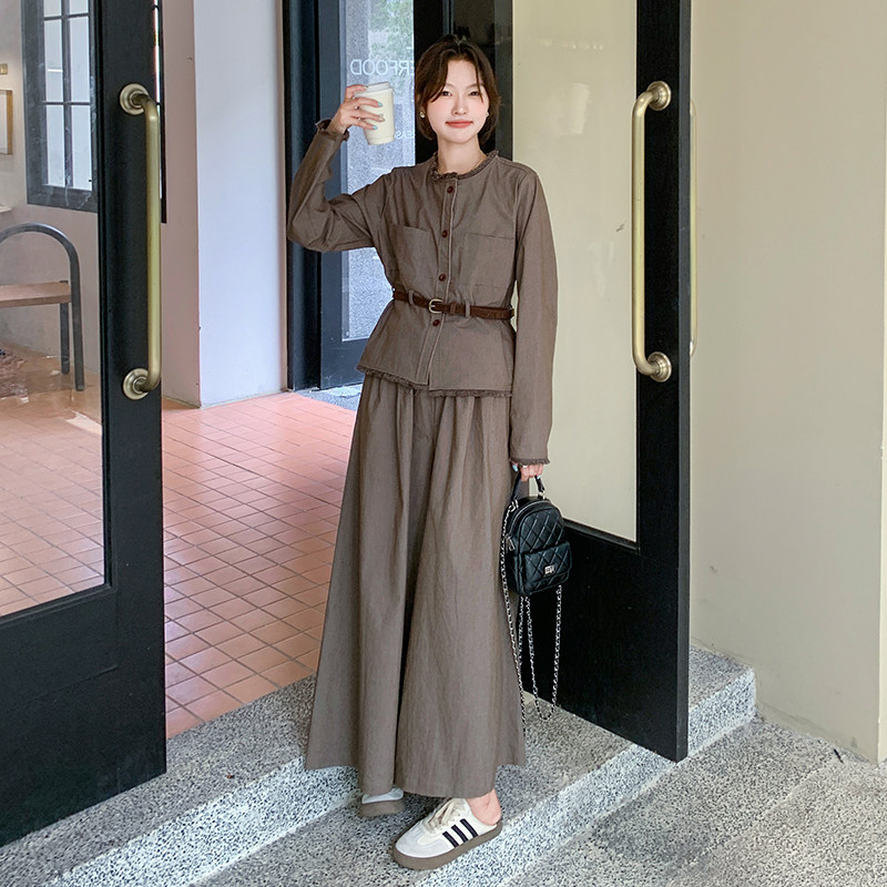 灰色小香风套装女春季新款小个子时髦优雅减龄毛边阔腿裤子两件套,女装套装/套裙,2C135