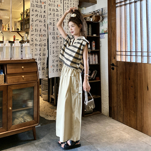 酷飒拽姐套装裙女2025夏季新款休闲条纹无袖上衣工装半身裙两件套图片