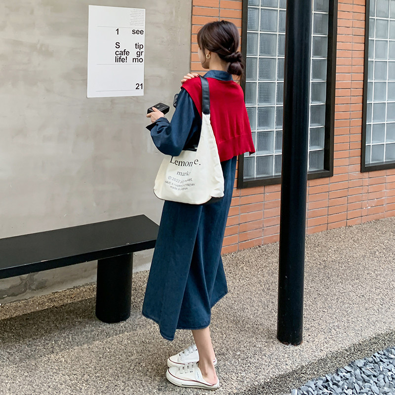 复古港风休闲牛仔连衣裙女2025春秋季新款宽松显瘦复古披肩衬衫裙,女装连衣裙,2C170