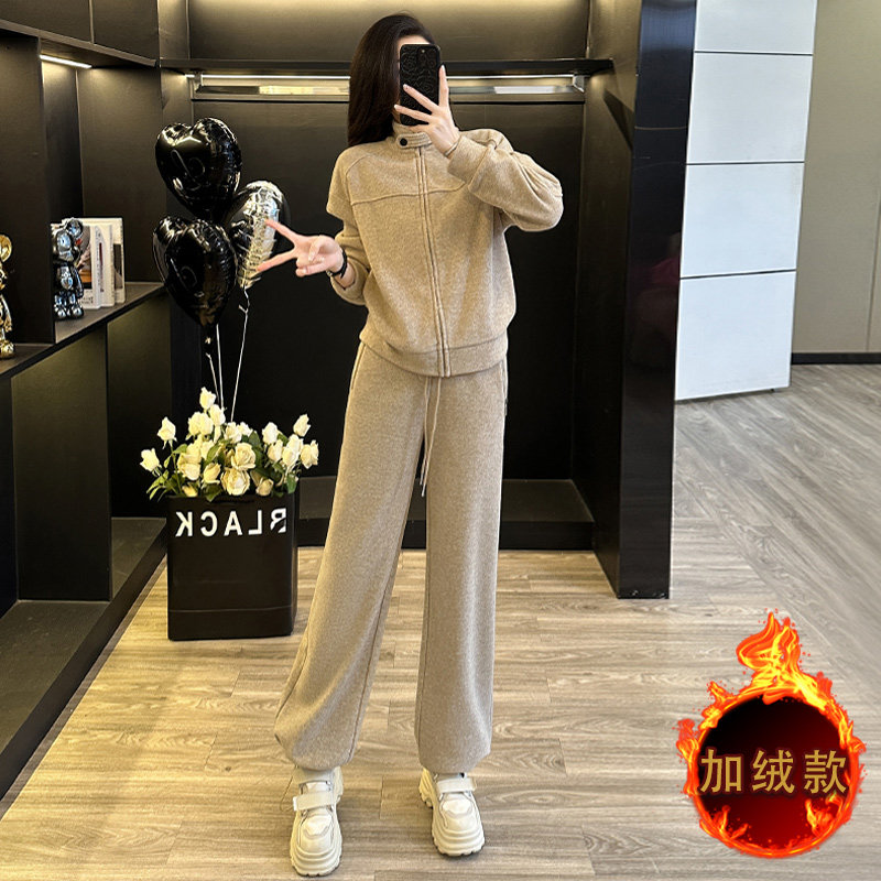 女冬季加绒加厚拉链外套阔腿裤套装,女装套装/套裙,2C310