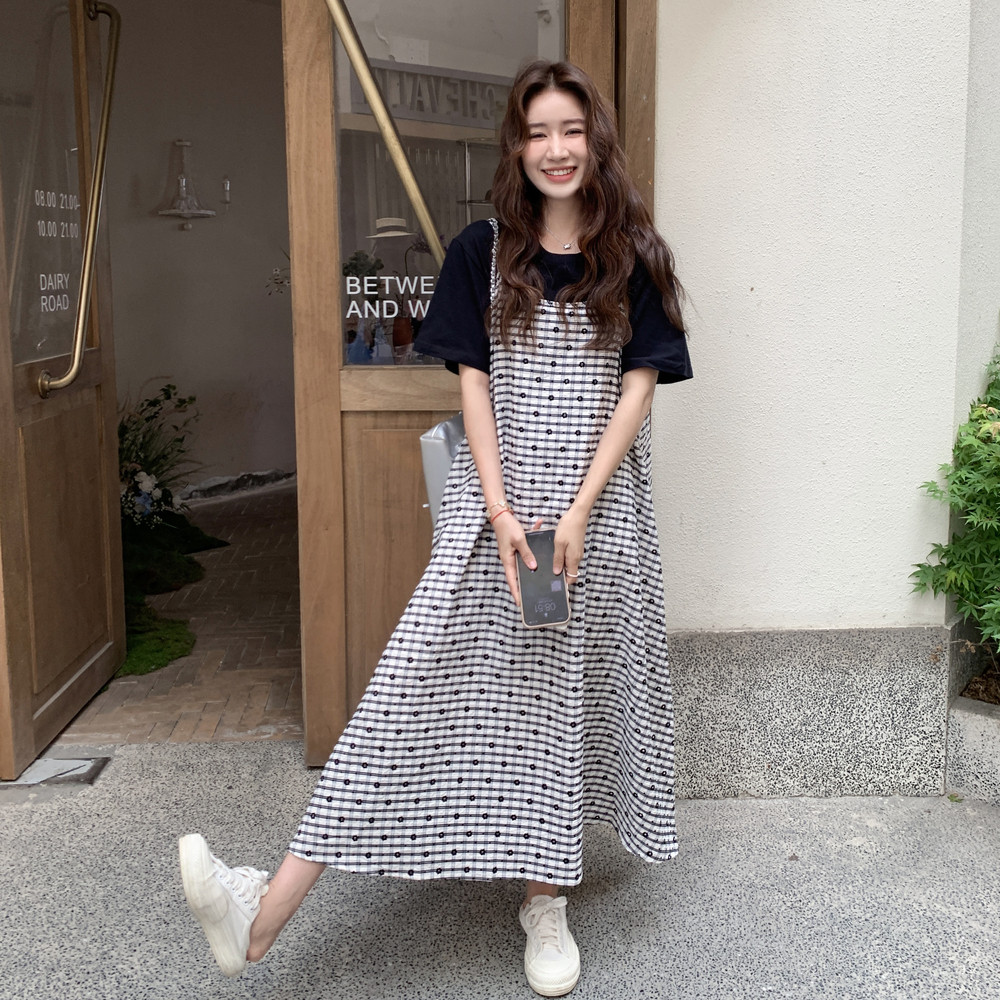 休闲吊带格子连衣裙T恤两件套女2025夏季新款宽松显瘦裙子套装,女装连衣裙,2C275
