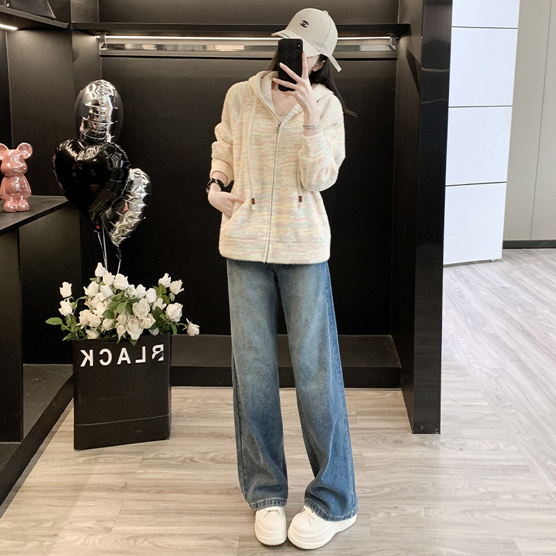 小众彩虹条纹针织衫牛仔裤两件套,女装套装/套裙,2C310
