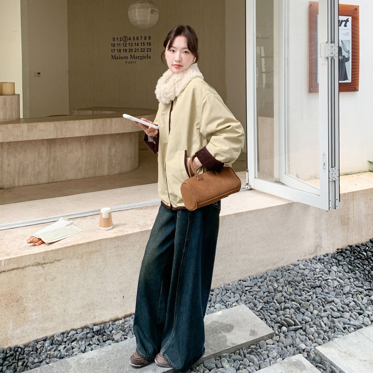 韩系复古羊羔毛大翻领派克服女冬季宽松保暖外套卡其色加厚羽绒服,女装羽绒服,2C166