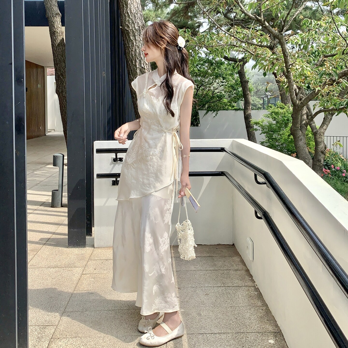 新中式风刺绣盘扣上衣连衣裙两件套女2025夏季新款气质显瘦旗袍,女装连衣裙,2C159