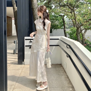 新中式风刺绣盘扣上衣连衣裙两件套女2025夏季新款气质显瘦旗袍图片