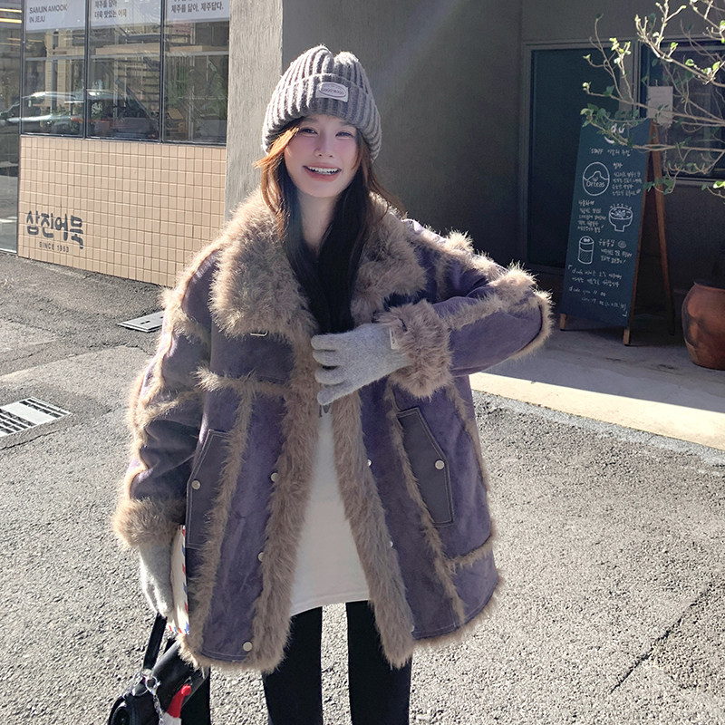 高级感紫色皮毛一体羊羔毛外套女冬2024新款甜酷风加厚麂皮绒上衣图片