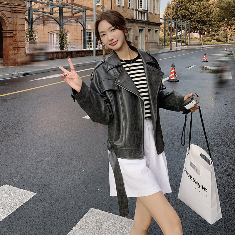 深灰色甜酷风短款皮衣外套女2025年秋季新款复古做旧机车服夹克潮,女装皮衣,2C082