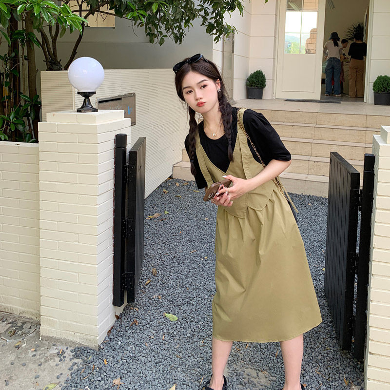 假两件背带连衣裙2025女夏季新款休闲学生韩版宽松显瘦chic设计感,女装连衣裙,2C266