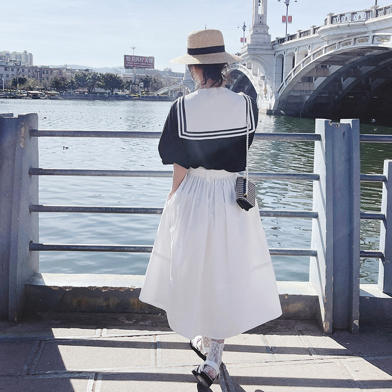【现货】海军领披肩+黑白拼接假两件连衣裙209-890-P115K168,女装连衣裙,2C069