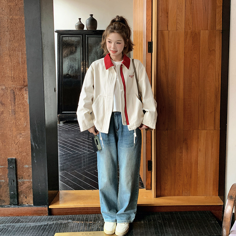 小个子学院风拼接撞色短外套女2025春季新款复古宽松时尚休闲夹克,女装短外套,2C166