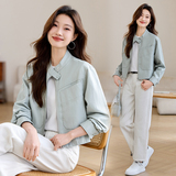 雾蓝色休闲立领短款皮衣外套女2025春秋新款小个子显瘦皮夹克上衣，女装皮衣，衣珂纱朗