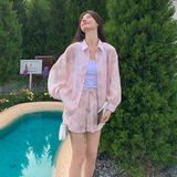 粉色个性印花衬衫两件套女2025夏季新款时尚气质松紧腰短裤套装潮，女装套装/套裙，2C353