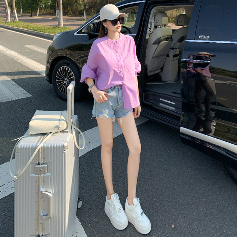 女款春季时尚休闲新款百搭单排扣圆领宽松显瘦纯色长袖灯笼上衣潮,女装衬衫,2C310