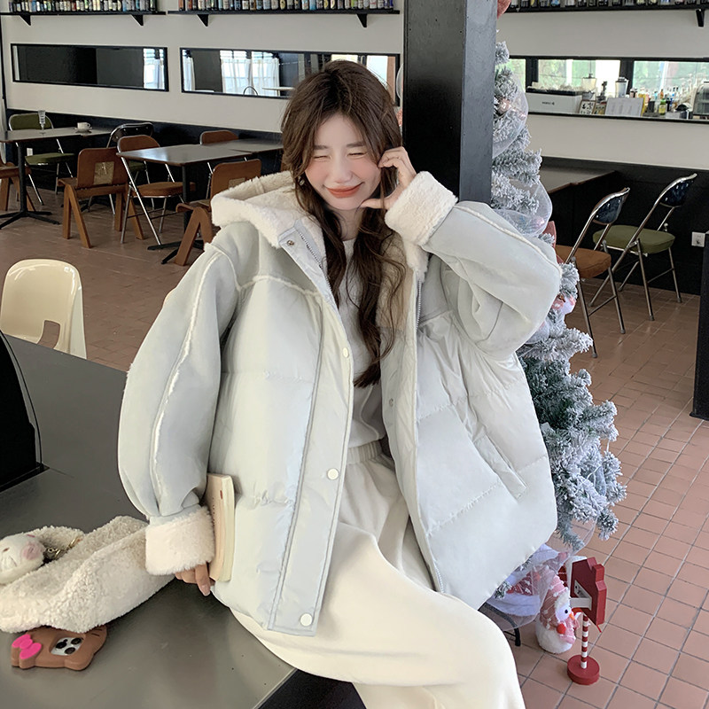 羊羔毛拼接连帽羽绒服女冬季新款小个子韩系学院风90白鸭绒短外套,女装羽绒服,2B222