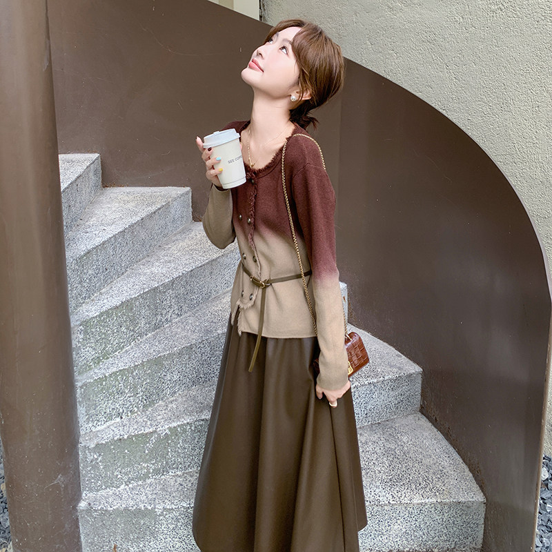 渐变色小香风时尚套装裙女2025法式设计感洋气减龄PU皮裙两件套,女装套装/套裙,2C166