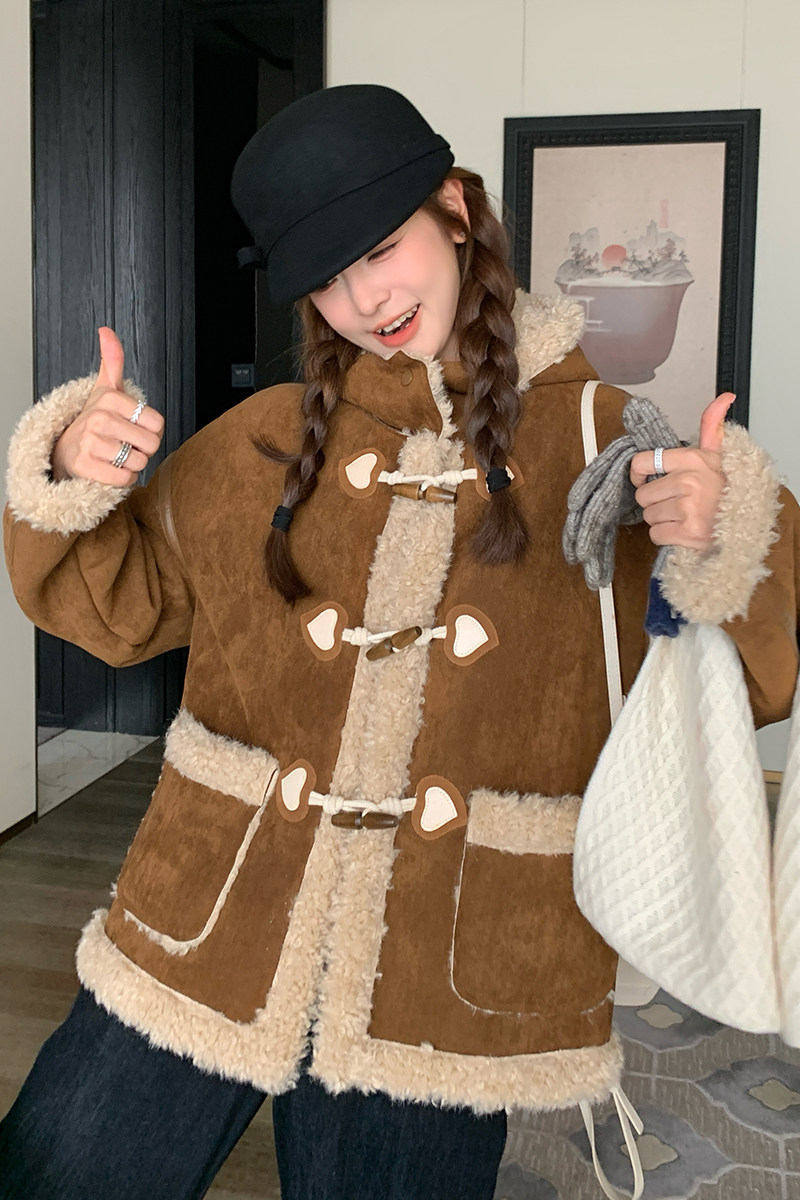 咖色美拉德慵懒风连帽皮毛一体外套女秋冬加厚保暖休闲羊羔毛棉衣,女装皮草,2C299