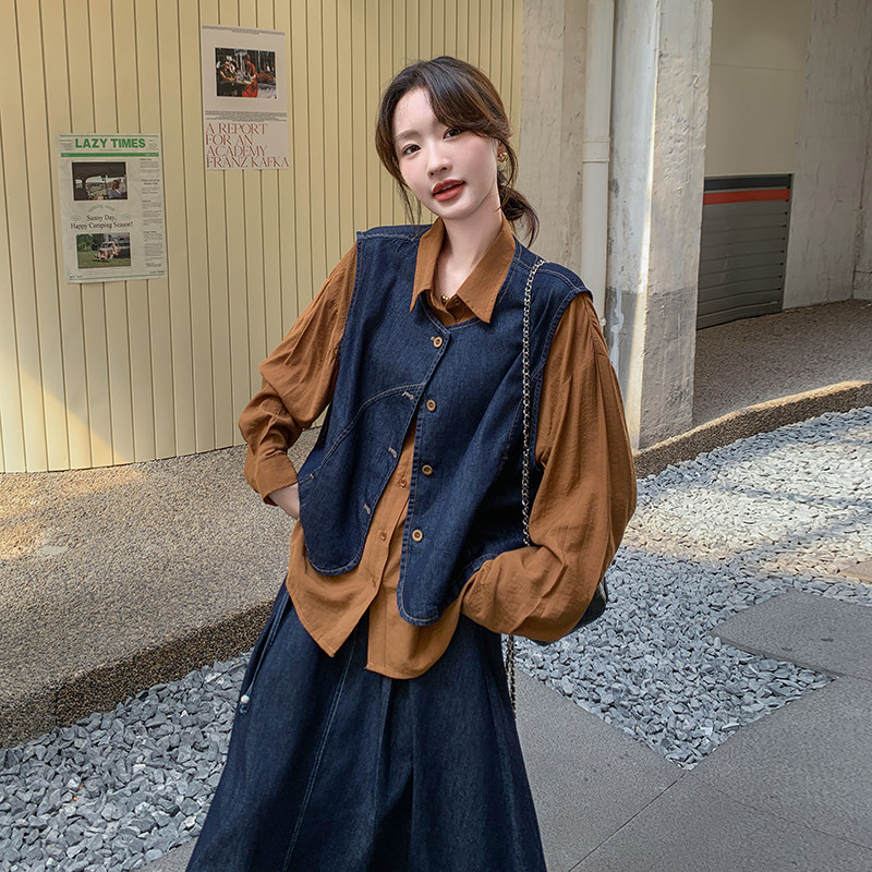 法式复古牛仔套装连衣裙女2025春秋设计感小众慵懒风半身裙三件套,女装套装/套裙,2C166