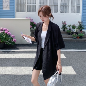 黑色气质轻熟风西装短袖套装女2025夏季新款韩版冷淡系短裤两件套图片