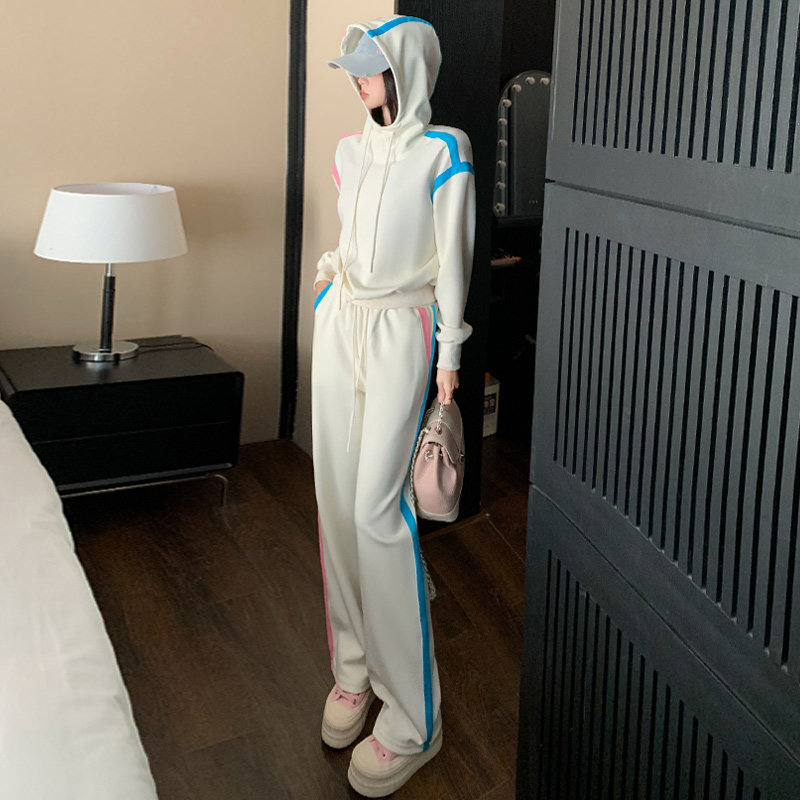 女春季洋气拼接色连帽卫衣直筒卫裤两件套潮,女装套装/套裙,2C310
