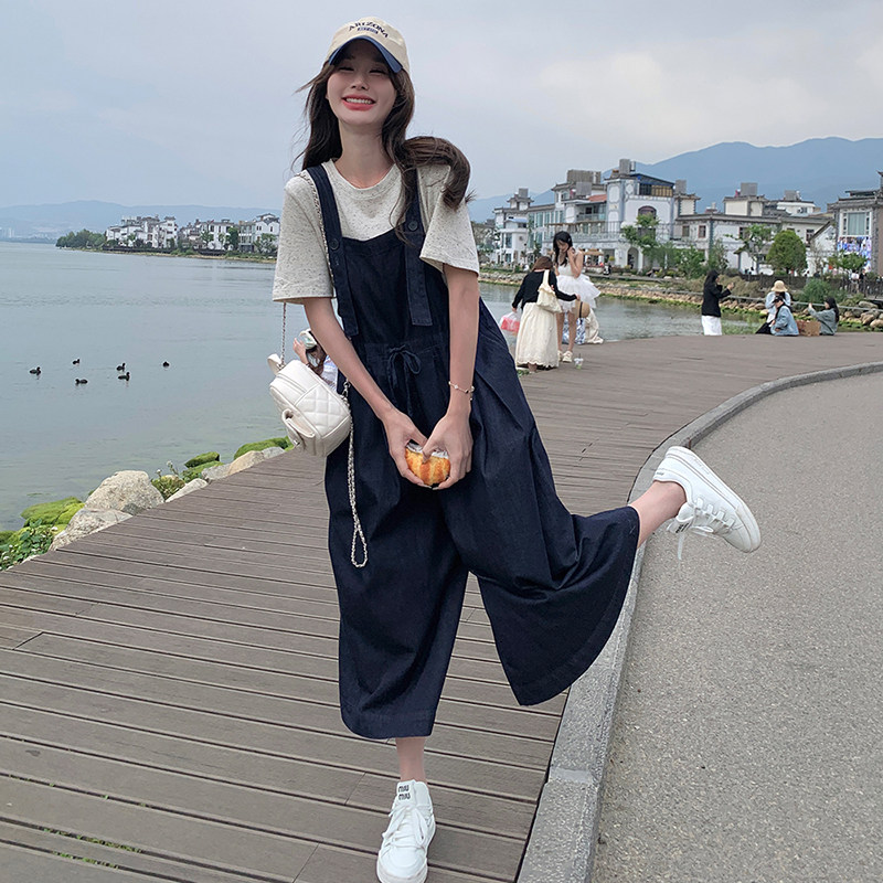 深蓝色小个子工装牛仔背带裤女夏季新款学院风减龄休闲连体阔腿裤,女装休闲裤,2C085