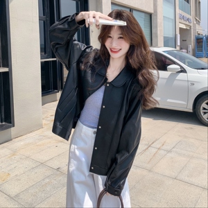 黑色美式复古皮衣女2025秋季新款又酷又飒休闲宽松翻领机车夹克图片