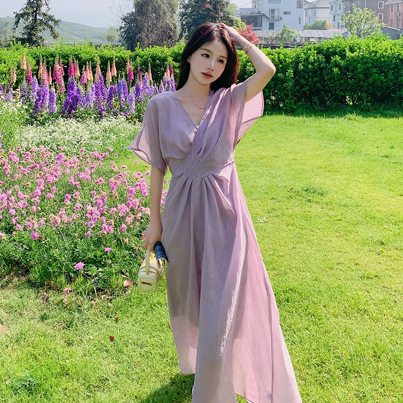 法式气质v领雪纺连衣裙女2025夏季新款韩版收腰显瘦森系桔梗长裙,女装连衣裙,2C122