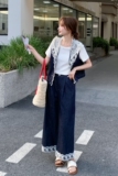 深蓝色盐甜系穿搭牛仔马甲套装女夏新款韩系宽松T恤阔腿裤三件套，女装套装/套裙，2C227