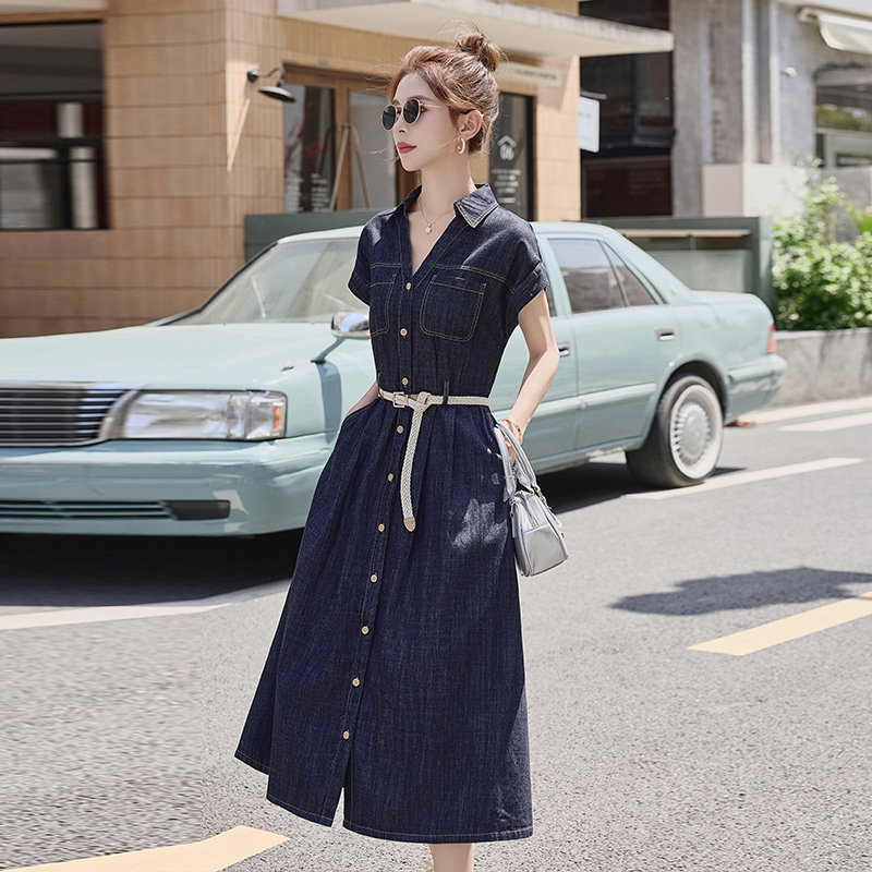 韩版牛仔蓝收腰连衣裙女2025夏季新款时尚独特超好看减龄显瘦长裙,女装连衣裙,2C215
