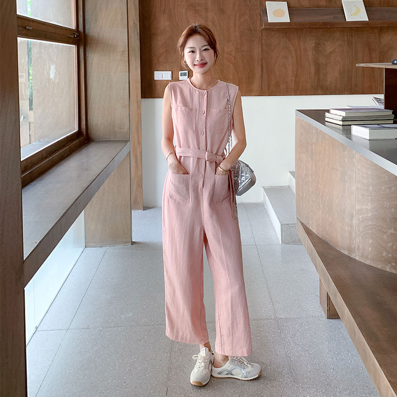 粉色圆领无袖连体裤女2025夏季新款休闲小个子收腰显瘦直筒九分裤,女装连体裤,2C126