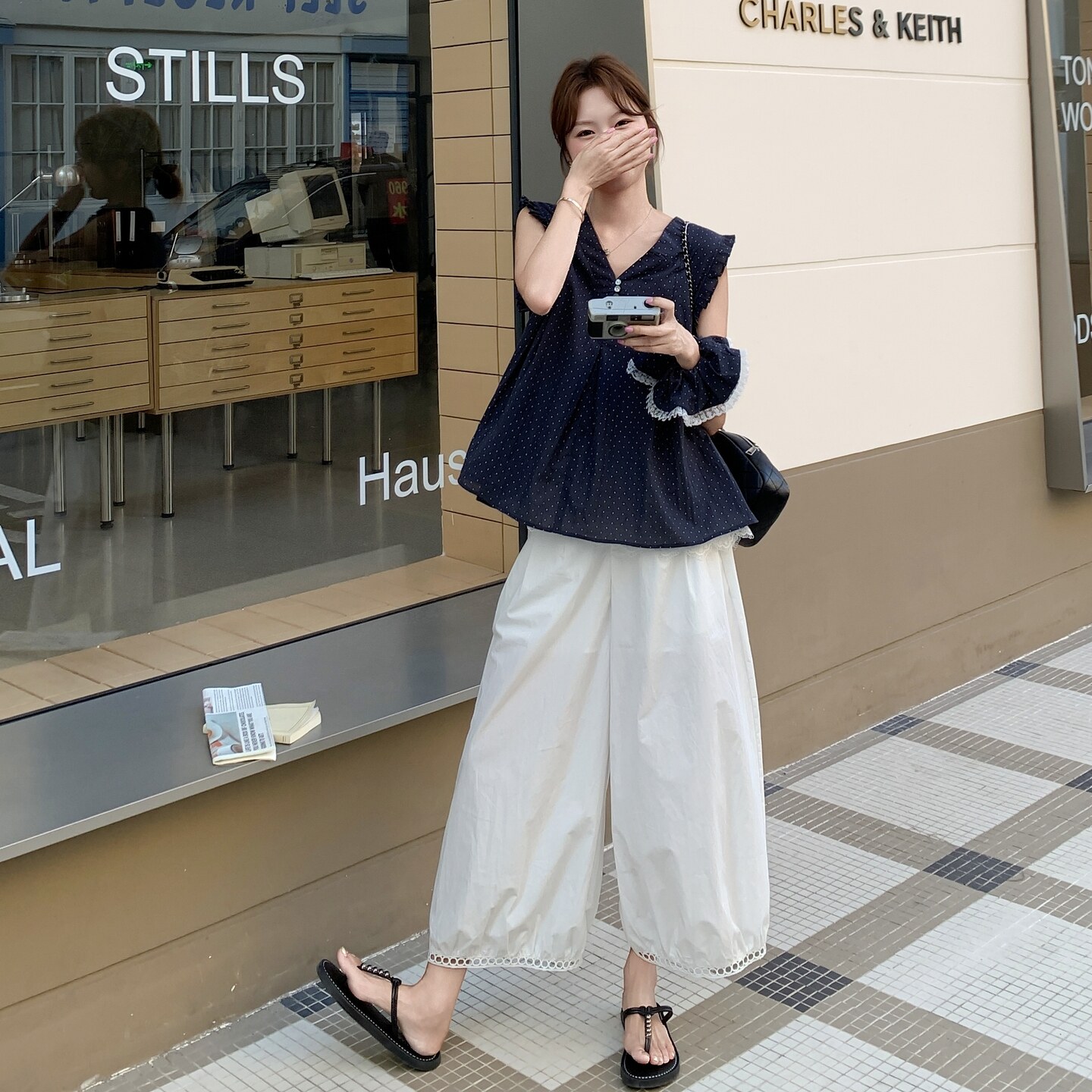 日系甜美波点娃娃衫阔腿裤两件套女2025夏季新款小个子休闲套装潮,女装套装/套裙,2C203