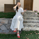 法式初恋白色泡泡袖v领连衣裙女夏2025新款气质绝美高级收腰长裙，女装连衣裙，2C159