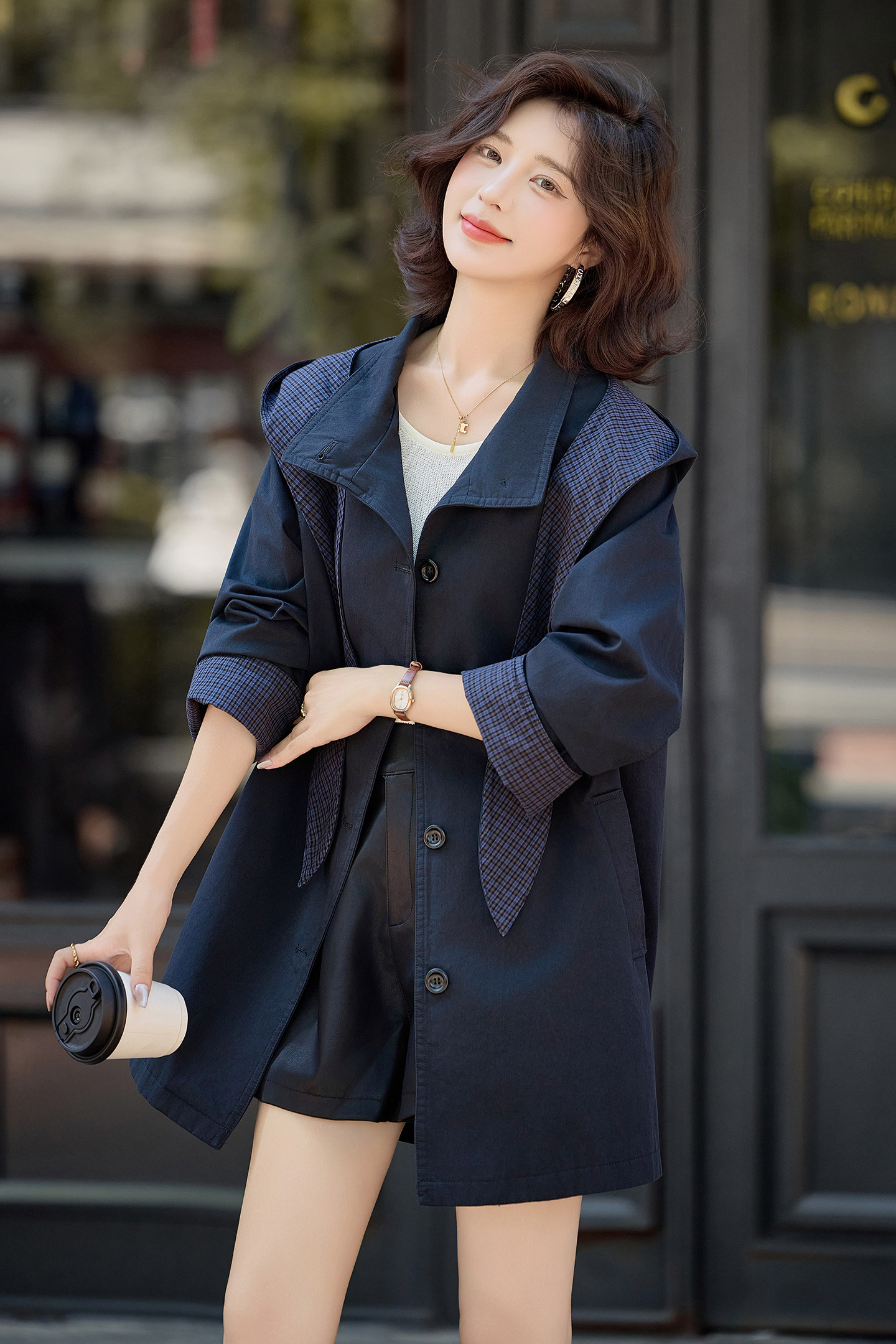 撞色格纹拼接休闲风衣女2025秋季新款可脱卸小个子连帽中长款外套,女装风衣,英标秀（1C119）
