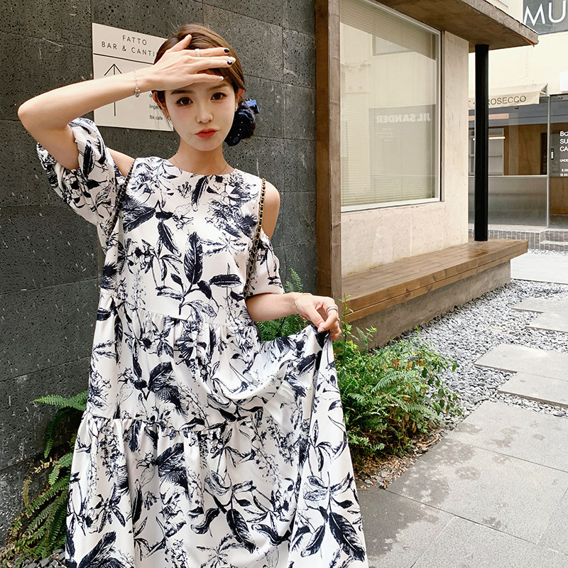 国风水墨画露肩T恤连衣裙女装2024新款夏季时尚设计感收腰长裙子图片